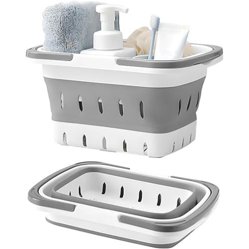Fammart Portable Shower Caddy Tote – Collapsible Plastic Basket with Handles, Foldable Storage Organizer for Bathroom, Kitchen, College Dorm, Gym, Travel & Camping, Gray