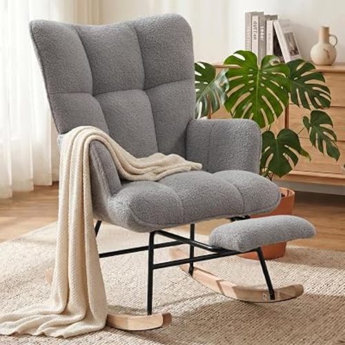 Nursery Rocking Chair, Teddy Nursery Glider with Footrest, Grey