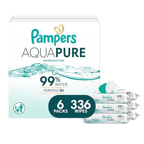 Pampers Aqua Pure Baby Wipes, 99% Water, Fragrance Free, Unscented, Water Based, Multi-Use, 336 Wipes Total (6X Flip-Top Packs) [Packaging May Vary]