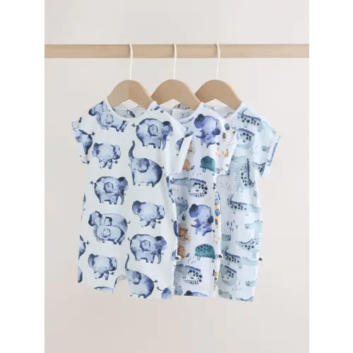 Blue Watercolour Animal Printed Popper Baby Jersey Rompers 3 Pack