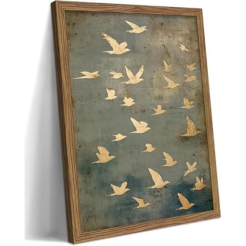 Framed Flock of Birds Canvas Wall Art, Vintage Minimalist Abstract Landscape Painting, Neutral Gold Birds Spiritual Wall Decor, Modern Aesthetic Pictures for Bedroom Living Room 12x16 inch