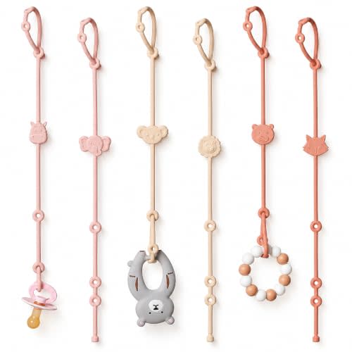 ROCCED Toy Straps for Baby 6pcs, Silicone High Chair Toys Straps Stroller Accessories Toddler Bottle Strap Car Seat Toys Baby Travel Essential Silicone Animal Design Blush+Ivory+TER