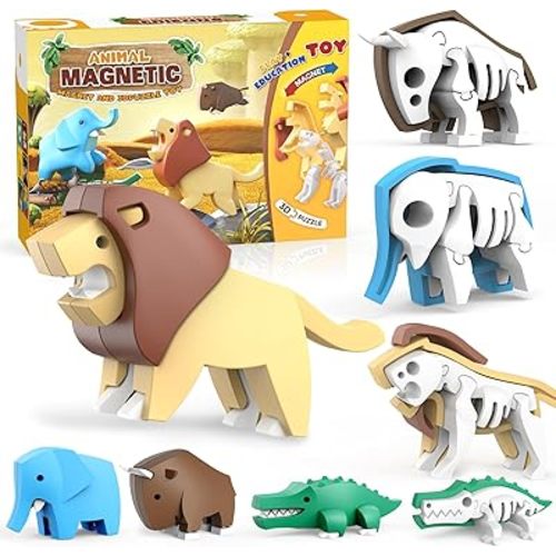 Magnetic Animal Building Toys, STEM Toddler Learning Toys 3D Puzzle Animals for Boys Girls, Educational Magnetic Travel Montessori Toy Lion Elephant Crocodile, Unique Birthday Gift for Kids 3 4 5 6 7