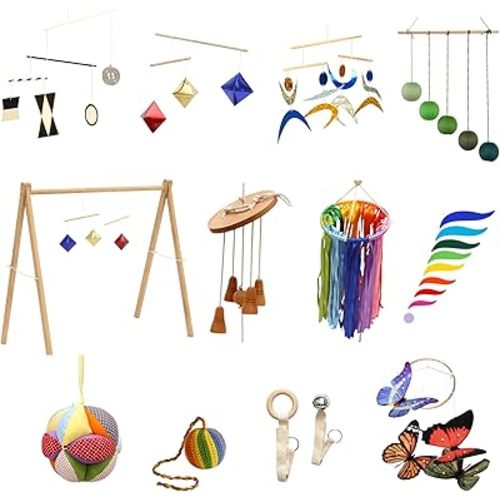 Montessori Mobile Mega Set with Baby Gym – 12-Piece Handmade Newborn Visual & Sensory Development System (Bell and Ring Mobile, Gobbi, Dancer, Octahedron, Wooden Musical, Puzzle Ball) (Orange)