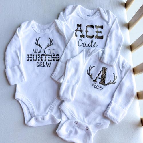 Personalized Deer Hunter Baby Toddler Bodysuit T-Shirt Set Custom Embroidered Woodland Gift Crew Newborn Onesie