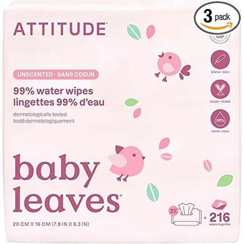 ATTITUDE Baby Water Wipes, EWG Verified, Safe for Newborns, Unscented & Fragrance-Free, 99% Water, Gentle, Vegan & Dermatologically Tested, Travel Pack with Hard Lid, 72 Count (Pack of 3)