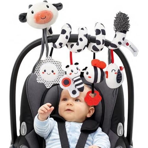 Koty Crib Stroller Car Seat Toys for Baby 0 3 6 9 12 Months, Tummy Time Hanging Sensory Toys for Newborn with Teether, Spiral Carseat Toy for Infant Boys Girls Gifts (Black White)
