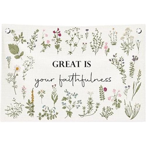 Christian Home Decor,Floral Bible Verse Scripture Wall Art,Great Is Your Faithfulness Canvas Banner Flags Decor for Nursery Little Girl Room Bedroom Bathroom,30x20 Inch