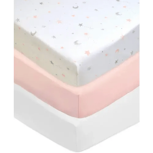 American Baby Company 3 Pack 100% Natural Cotton Fitted Crib Sheets 52" x 28" - Soft, Breathable, Hypoallergenic & Gentle Toddler Bed Sheets, Pink Stars/Blush/White, Neutral for Boys & Girls