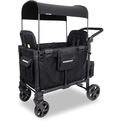 WONDERFOLD W2 Elite Pro Stroller Wagon (2 Seater) - Collapsible Wagon Stroller with Seats with 5-Point Harnesses, Adjustable Push Handle, and Adjustable Sun Canopy, Jet Black