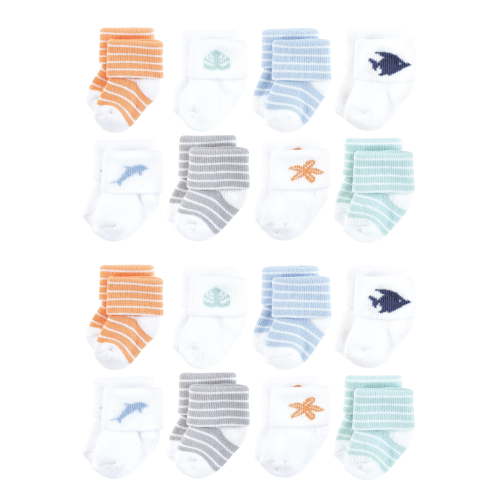 Hudson Baby Cotton Rich Baby Terry Socks 16-Pack, Starfish, 0-6 Months
