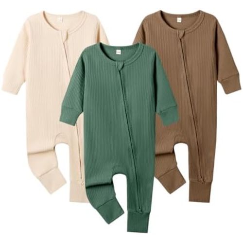 Bafeicao 3 Pack Baby Boy Girl Rompers with Mitten Cuffs, Ribbed Cotton 2 Way Zipper Romper One Piece Jumpsuits Clothes