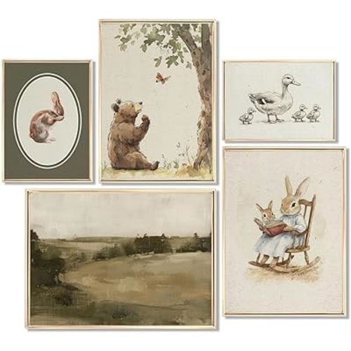 TUTENG 5Pcs Vintage Animal Nursery Wall Art Posters Kids Room Boys Wall Decor Duck Bear Painting Rabbit Picture Print for Baby Boy Bedroom Living Room Decoration 12x16in Unframed