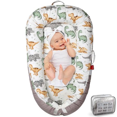 Baby Lounger - Baby Lounger for Newborn 0-24 Months, Breathable & Soft Baby Nest, Portable and Lightweight Lounger for Home and Travel, Ideal Newborn Babies Essentials (Grey Lion Dinosaur)