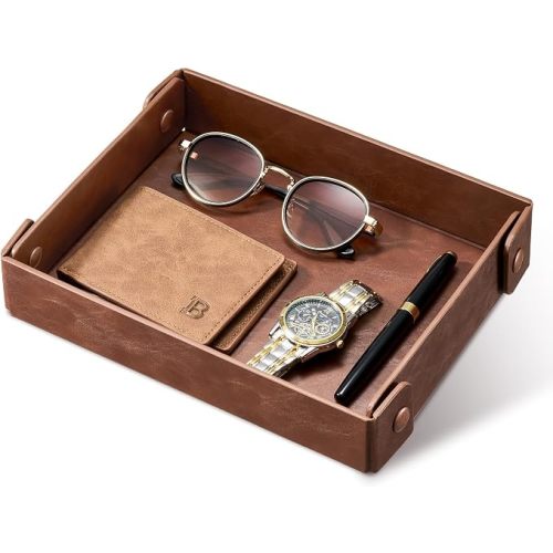 Valet Tray Organizer, Faux Leather Key Storage Tray, Catch All | Brown | for Entryway, Desk, Nightstand, Dresser, Travel Storage | for Key, Wallet, Jewelry, coin change, EDC