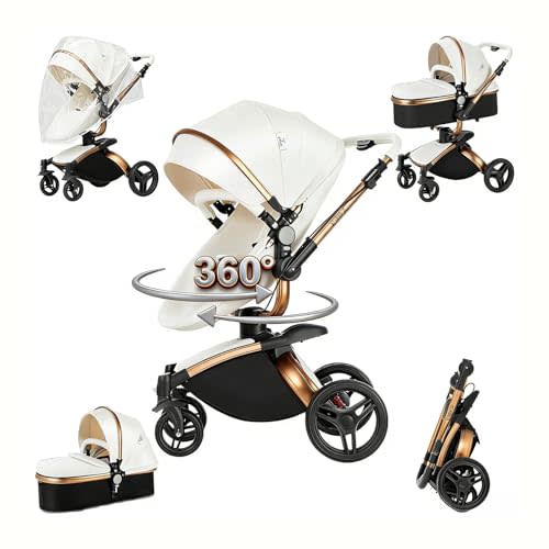 PU Leather 2 in 1 Baby Stroller with 360° Rotatable Seat, Convertible Foldable Standard Stroller, Reversible Pushchair Infant Carriage, High Landscape Pram Toddler Newborn (HR001-White)