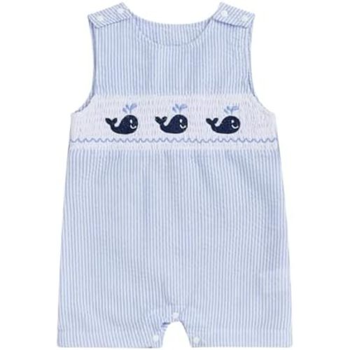 Newborn Baby Boys Sleeveless Seersucker Romper One Piece Straps Overalls Striped Jumpsuit Summer Smocked Clothes