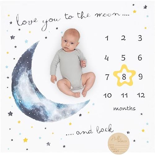 Pondering Pine Organic Baby Moon Milestone Blanket - Boy or Girl - Love You to The Moon and Back - Stars, 1-12 Months, 47'x47'