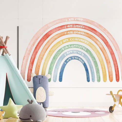 Large Watercolor Rainbow Wall Decals with Inspirational Quote, Colorful Peel and Stick Fabric Nursery Wall Decor, Removable Home Room Wall Murals Stickers for Kids Girls Toddler Bedroom Playroom
