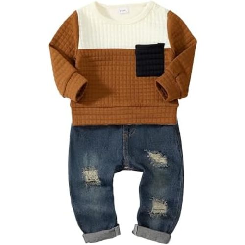 NZRVAWS Toddler Baby Boy Clothes Pullover Sweater Ripped Jean Sweatsuit Little Boy Outfit Fall Winter Clothing Set 6M-7T
