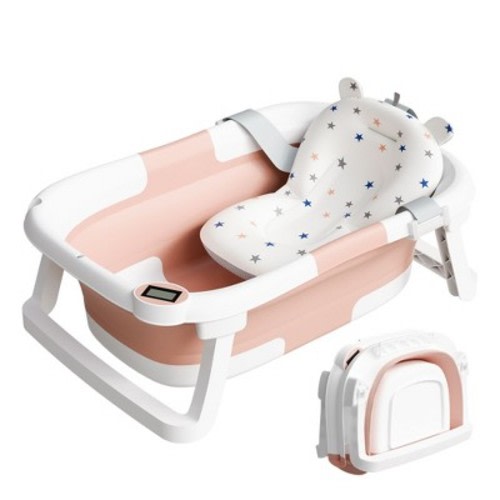 TUMAJUP Collapsible Baby Bathtub for Infants and Toddlers with Bath Net and Thermometer-Pink