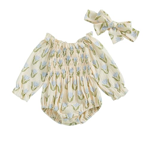 Infant Baby Girl Linen Romper Smocked Bubble Bodysuit Frill Trim Ruffle One-Piece Jumpsuit Casual Cute Summer Clothes