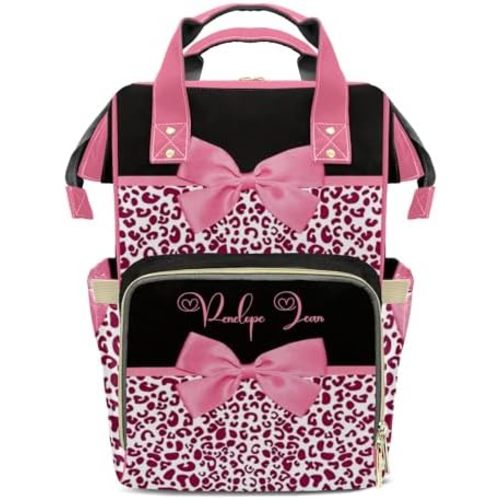 Personalized Dark Pink Leopard Bow Diaper Bag Backpack,Customized Nappy Backpack for Travel Outdoor with Name,Custom Multiuse Mommy Bag Nursing Bag Gifts