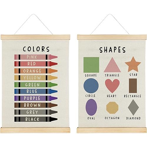 Nrleey Shapes Colors Wall Decor with Wooden Poster Hanger - Classroom Decor, Shapes Colors Learning Wall Art Posters for Nursery Kids Room Playroom Preschool, 12x16 Inch Set of 2