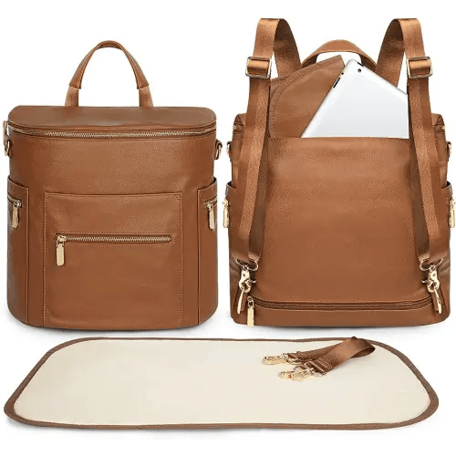 miss fong Diaper Bag Backpack Baby Diaper Bag, Large Leather Diaper Bag Backpack with Changing Pad,Pañaleras Para Bebe for Moms, Stroller Straps, and 2 Insulated Pockets(Convertible, Brown)