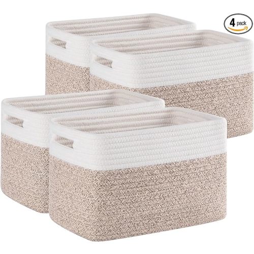 4 Pack Storage Baskets for Organizing, Woven Baskets for Shelves - Perfect for Toys, Books, Towels, and Clothes, Durable Gift Basket Bins Toy Storage, 12.7''Lx9''Wx7.8''H, Brown & White