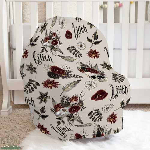 Personalized Gothic Car Seat Canopy, Witchy Newborn Hospital Coming Home Sun Shade, Wiccan Skull and Rose Baby Shower Gift - CYO Bundle