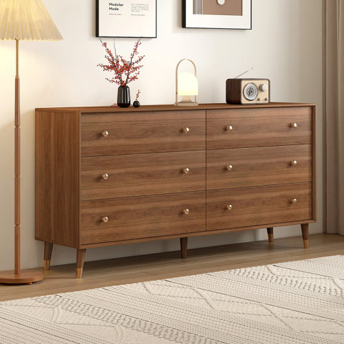 Dongge 6 Drawer Dresser For Bedroom, 55 Inch Dresser for Closet with Walnut Frame, Modern Solid Wood Chest of Drawers with Natural Texture & Pre-Embedded Slots For TV Stand, Living Room, Hallway, Office | Wayfair