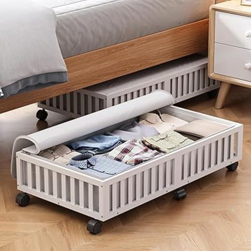 Bamboo Under Bed Storage Containers with Wheels, 2 Pack Large Under the Bed Shoe Storage Bins, Wood Rolling Underbed Drawers Organizer for Bedroom Closet Clothes Blanket Under Crib Toy White
