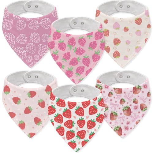 Strawberry Muslin Baby Bibs Drool Burp Cloths for Girls 6 Pack Strawberry Cotton Baby Bibs for Drooling Teething Feeding Absorbent Baby Burp Cloths with Adjustable Snaps