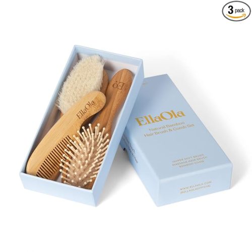 ELLAOLA Natural Bamboo Hair Brush & Comb Set, 3 Piece - Cradle Cap Brush, Massage Hair Brush, Bamboo Comb for Toddlers, Newborns & Infants I Baby Registry Gift