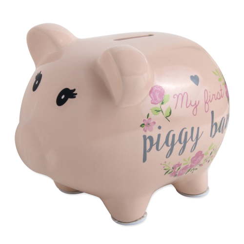Baby Essentials, Baby First Piggy Bank, 7x5x4 inches Ceramic, Floral