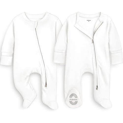 2-Pack Baby Pajamas Footie – Baby Sleepers 0-3 Months, Organic Cotton Footed Newborn Pajamas with Mitten Cuffs, Double Zipper Jammies, Soft, Breathable, Unisex Sleep and Play PJS (Soft White, Newborn)