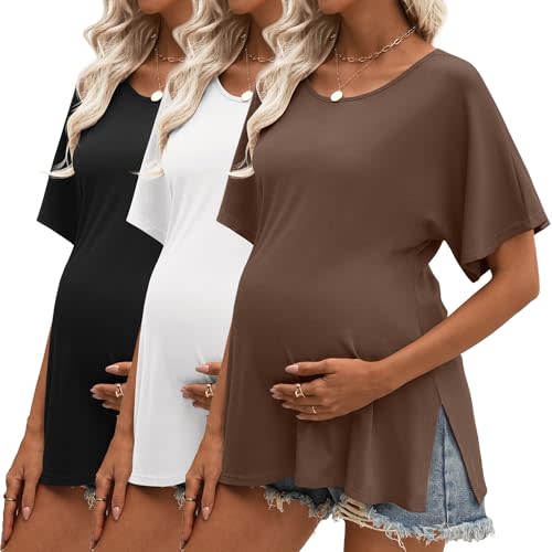 Riyiper 3 Pack Women's Maternity Tunic Shirts Cotton Summer Pregnancy Clothes Loose Oversized Split Side Blouse Tops