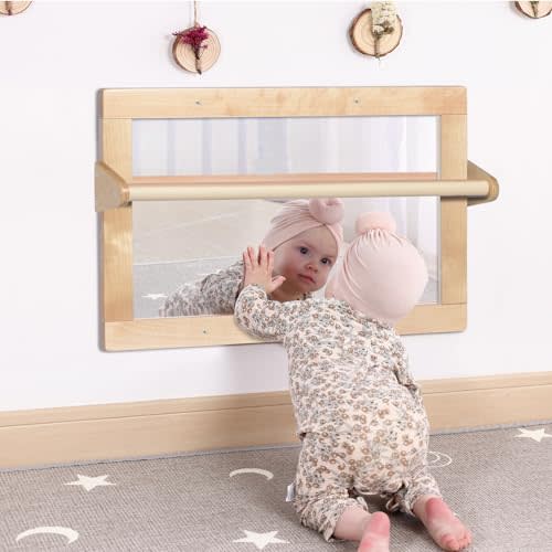 KRAND Baby Montessori Wooden Frame Non-Shatter Safety Mirror w/ 2 Pull Up Bars, Infant Coordination Small Mirror for 6-18 Months (Natural)