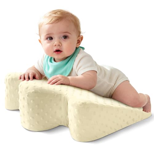 Tummy Time Support Pillow with Plush Cover for Baby Gas, Colic Relief & Burp, Nursing Reflux Prop for Feeding, Neck, Shoulder and Body, Tummy Time Mat for Newborns and Infant 0-12 Months - Beige