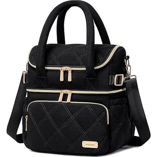 Weitars Lunch Bag for Women Men,Double Deck Lunch Box for Women,Quilted Lunch Tote for Work,Insulated Lunch Cooler Leakproof Lunchbox for Adult with Shoulder Strap &Pockets for Picnic Hiking (Black)