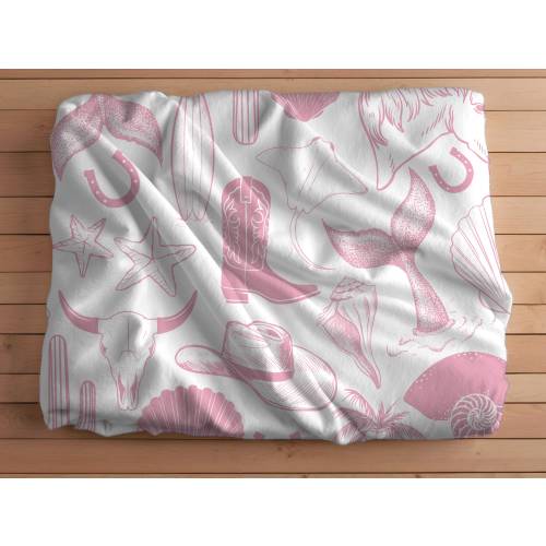 Pink Coastal Cowgirl Cozy Velveteen Blanket, Any Season Throw Blanket, Gift for Her, Beach Seashell Home Decor, Western Ocean Boho