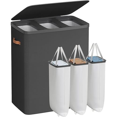 SONGMICS Laundry Basket, 50.2 Gal. Laundry Hamper, 3 Compartments, Easy Assembly, with Lid and Handles, Removable Liners, 25.2 x 15.7 x 29.5 Inches, Ink Black ULCB814BH01