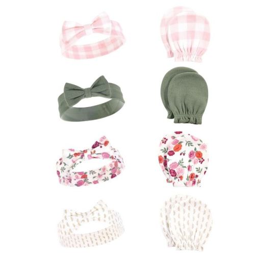 Hudson Baby Infant Girls Cotton Headband and Scratch Mitten Set, Fall Floral, 0-6 Months