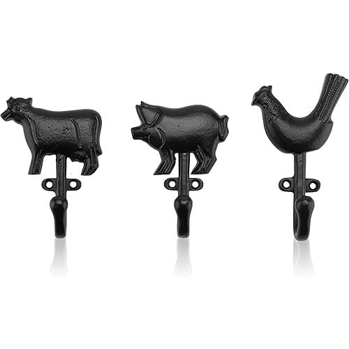 CRAFTSMAN ROAD Farm Animal Cast Iron Wall Hooks (Black Finish, Set of 3) - Rustic, Farmhouse Coat Hooks | Great for Coats, Bags, Towels, Hats
