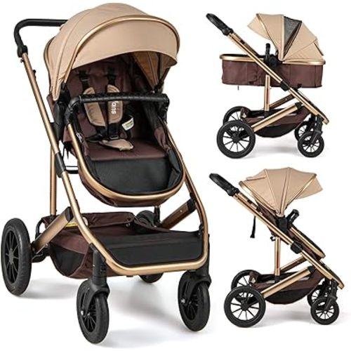 INFANS 2 in 1 Baby Stroller, Folding Newborn Pram Convertible Stroller Bassinet for Infant Foldable High Landscape Shock Absorption with Reversible Seat Aluminum Structure for Pushchair