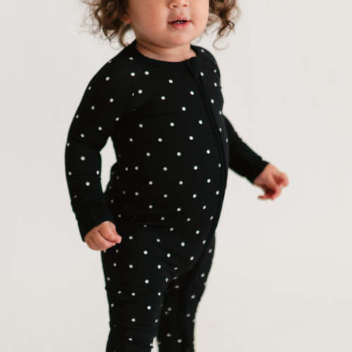Infant Romper in Black Polka Dots