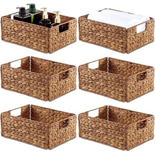 Bluewest Woven Water Hyacinth Storage Baskets with Handles, 6-Pack, Brown