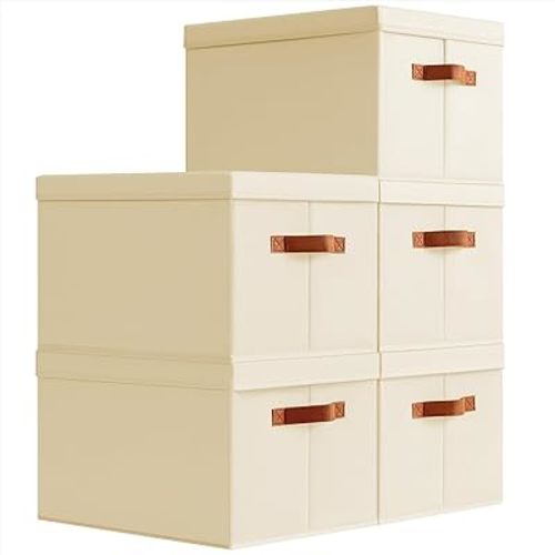 Storage Bins with Lids - Large Fabric Closet Bins with Lid, 5 Pack Clothes Organizers and Storage, Collapsible Stackable Cube Basket for Home, Office, Dorm, Beige