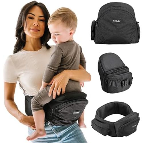 Tushbaby Original Hip Seat Baby Carrier for Babies & Toddlers up to 45 lbs, Safety Certified, Lightweight No-Foam Design with Storage, Black